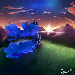 Size: 1070x1070 | Tagged: safe, artist:guillermina88, imported from derpibooru, princess luna, cloud, color porn, female, mountain, rear view, sitting, solo, stars, sunset, twilight (astronomy)