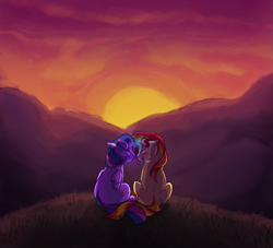 Size: 747x678 | Tagged: safe, artist:p1xle, imported from derpibooru, sunset shimmer, twilight sparkle, alicorn, pony, unicorn, female, horns are touching, intertwined tails, lesbian, shipping, sunset, sunsetsparkle, tail, twilight (astronomy), twilight sparkle (alicorn)