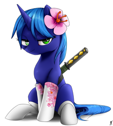 Size: 900x1000 | Tagged: safe, artist:supermare, imported from derpibooru, oc, oc only, pony, unicorn, clothes, flower, flower in hair, socks, solo, sword, weapon