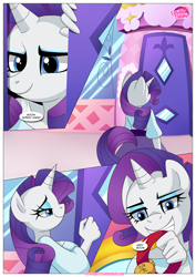 Size: 1200x1696 | Tagged: safe, artist:bbmbbf, imported from derpibooru, rarity, spike, anthro, comic:how to discipline your dragon, equestria untamed, big breasts, breasts, carousel boutique, collar, comic, female, older, older spike, palcomix, pet tag, soon, teenage spike, teenager