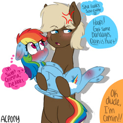Size: 2000x2000 | Tagged: safe, artist:artistcoolpony, imported from derpibooru, dumbbell, hoops, rainbow dash, blushing, dumbdash, female, floppy ears, implied hoops, injured, male, offscreen character, shipping, straight
