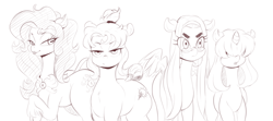 Size: 1280x569 | Tagged: safe, artist:sundown, imported from derpibooru, oc, oc only, bedroom eyes, glasses, hair over eyes, monochrome, sketch, sketch dump, smiling