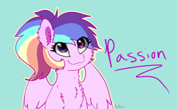 Size: 1666x1023 | Tagged: safe, artist:saphi-boo, imported from derpibooru, oc, oc only, oc:passion flare, pegasus, pony, chest fluff, fluffy, magical lesbian spawn, next generation, offspring, parent:rainbow dash, parent:twilight sparkle, parents:twidash, rainbow hair, simple background, solo