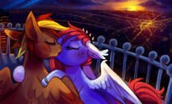 Size: 1280x778 | Tagged: safe, artist:cherivinca, imported from derpibooru, oc, oc only, oc:strawberry glimmer, oc:tech talk, bat pony, pegasus, pony, vampony, city, female, kissing, male, night, straight, strawtech, sunset