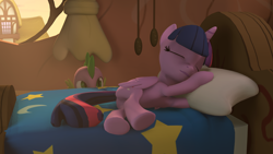 Size: 8192x4608 | Tagged: safe, artist:xppp1n, deleted from derpibooru, imported from derpibooru, spike, twilight sparkle, alicorn, pony, 3d, absurd resolution, bed, female, mare, sleeping, source filmmaker, twilight sparkle (alicorn)