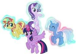 Size: 5821x4126 | Tagged: safe, artist:osipush, imported from derpibooru, starlight glimmer, sunset shimmer, trixie, twilight sparkle, alicorn, pony, unicorn, ^^, absurd resolution, counterparts, eyes closed, levitation, magic, magic aura, magical quartet, magical quintet, magical trio, self-levitation, simple background, telekinesis, transparent background, twilight sparkle (alicorn), twilight's counterparts