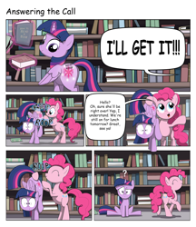 Size: 2200x2548 | Tagged: safe, artist:sslug, imported from derpibooru, pinkie pie, twilight sparkle, alicorn, earth pony, phone pony, pony, :o, :p, balancing, beep boop, book, bookcase, bookshelf, boop, booty call, butt, cartoon physics, comic, confused, eyes closed, female, frown, glowing cutie mark, levitation, library, licking, licking lips, lifting, magic, mare, open mouth, personal space invasion, pinkie being pinkie, pinkie physics, plot, question mark, raised eyebrow, raised hoof, raised leg, raised tail, silly, spread wings, surprised, tail, tail pull, telekinesis, tongue out, trotting, twilight sparkle (alicorn), walking, wide eyes