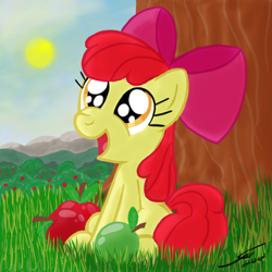 Size: 3300x3300 | Tagged: safe, artist:template93, imported from derpibooru, apple bloom, earth pony, pony, apple, bow, female, filly, foal, food, grass, hair bow, sitting, solo, tree