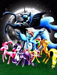Size: 2976x3968 | Tagged: safe, artist:malami95, imported from derpibooru, applejack, fluttershy, nightmare moon, pinkie pie, rainbow dash, rarity, twilight sparkle, mane six