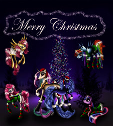 Size: 1000x1111 | Tagged: safe, artist:malami95, imported from derpibooru, fluttershy, pinkie pie, princess celestia, princess luna, rainbow dash, twilight sparkle, christmas, christmas tree, clothes, socks, striped socks, tree