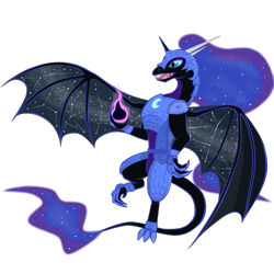 Size: 2000x2000 | Tagged: safe, artist:virenth, imported from derpibooru, nightmare moon, tantabus, dragon, armor, dragon armor, dragoness, dragonified, ethereal mane, female, open mouth, simple background, species swap, spread wings, starry mane, starry wings, transparent background, wings