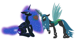 Size: 8000x4392 | Tagged: source needed, safe, artist:sctavia, imported from derpibooru, nightmare moon, queen chrysalis, absurd resolution, chrysmoon, female, happy birthday, lesbian, present, shipping, simple background, transparent background, vector