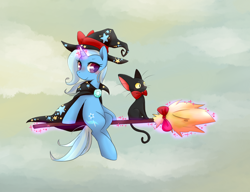 Size: 1300x1000 | Tagged: safe, artist:phyllismi, imported from derpibooru, trixie, cat, pony, unicorn, bow, broom, cap, crossover, female, flying, flying broomstick, hat, kiki's delivery service, looking back, mare, sitting, studio ghibli, witch, witch hat