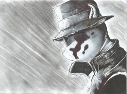 Size: 2228x1639 | Tagged: safe, artist:hurtywing, imported from derpibooru, pony, clothes, coat, grayscale, hat, mask, monochrome, ponified, rain, rorschach, traditional art, trenchcoat, watchmen