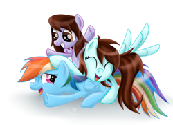 Size: 1024x740 | Tagged: safe, artist:redheadfly, imported from derpibooru, rainbow dash, oc, oc:karinsuperdraw, oc:linormusicbeat, cuddling, cute, hug, request, snuggling