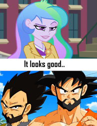 Size: 733x944 | Tagged: safe, imported from derpibooru, princess celestia, equestria girls, friendship games, bedroom eyes, dragon ball, dragon ball super, goku, obligatory pony, principal celestia, son goku, vegeta