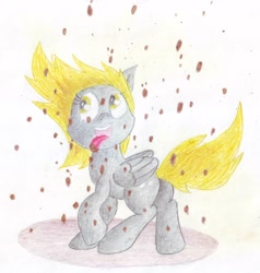 Size: 2860x2999 | Tagged: artist needed, safe, imported from derpibooru, derpy hooves, pegasus, pony, chaos, chocolate, chocolate rain, female, food, mare, rain, solo, traditional art