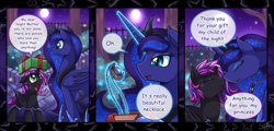 Size: 4180x2000 | Tagged: safe, artist:vavacung, imported from derpibooru, princess luna, oc, oc:midnight moon, alicorn, bat pony, pony, vampony, alicorn oc, balancing, blushing, boop, broken horn, comic, cute, daaaaaaaaaaaw, eyes closed, fangs, female, filly, jewelry, lidded eyes, lunabetes, mare, moon, necklace, night, noseboop, nuzzling, ocbetes, open mouth, present, smiling, stars, surprised, sweat, sweatdrop, wide eyes