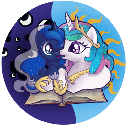 Size: 2000x2000 | Tagged: safe, artist:monikakryza, artist:redi, imported from derpibooru, princess celestia, princess luna, alicorn, pony, book, cuddling, cute, nuzzling, open mouth, prone, sisters, smiling, snuggling, wink