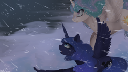 Size: 1920x1080 | Tagged: safe, artist:shellydreams, imported from derpibooru, princess celestia, princess luna, alicorn, pony, the crystalling, blizzard, duo, flying, snow, snowfall