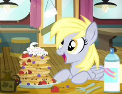 Size: 900x695 | Tagged: safe, artist:pixelkitties, imported from derpibooru, derpy hooves, pegasus, pony, cute, derpabetes, female, food, mare, national pancake day, pancakes, solo