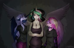 Size: 1600x1050 | Tagged: safe, artist:rainbowhitter, imported from derpibooru, princess cadance, princess celestia, princess luna, anthro, alicorn triarchy, big breasts, breasts, emo, female