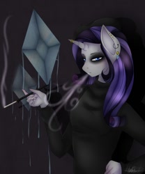 Size: 1000x1200 | Tagged: safe, artist:rainbowhitter, imported from derpibooru, rarity, anthro, cigarette, cigarette holder, clothes, ear piercing, emo, female, piercing, smoking, solo, wet