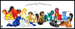 Size: 1170x450 | Tagged: safe, artist:dolphydolphiana, imported from derpibooru, dracony, genie, hybrid, aladdin, brother bear, disney, flit, hercules, jim hawkins, kenai, meeko, mighty ducks, mulan, mushu, nosedive flashblade, pegasus (hercules), pocahontas, ponified, rajah, scar, scar (the lion king), simba, tarzan, terk, the lion king, treasure planet