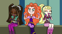 Size: 1280x719 | Tagged: safe, artist:blondenobody, imported from derpibooru, adagio dazzle, aria blaze, sonata dusk, equestria girls, rainbow rocks, blonde, boots, brown hair, clothes, dark skin, ginger, human coloration, natural hair color, pigtails, ponytail, redhead, skirt, socks, the dazzlings