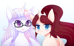 Size: 1280x795 | Tagged: safe, artist:pastelmistress, deleted from derpibooru, imported from derpibooru, oc, oc only, oc:auroras, oc:crescent, alicorn, pony, alicorn oc, cousins, gradient background, magical lesbian spawn, offspring, parent:moondancer, parent:princess celestia, parent:princess luna, parent:twilight sparkle, parents:lunadancer, parents:twilestia