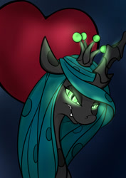 Size: 595x841 | Tagged: safe, artist:briarspark, imported from derpibooru, queen chrysalis, changeling, changeling queen, angry, crown, female, glowing eyes, heart, jewelry, looking at you, regalia, solo