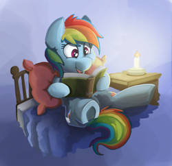 Size: 1600x1546 | Tagged: safe, artist:saxopi, imported from derpibooru, rainbow dash, bed, candle, female, reading, solo, underhoof