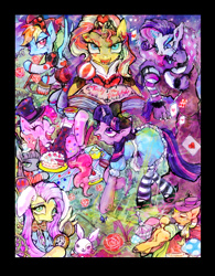 Size: 694x888 | Tagged: safe, artist:onofuji, imported from derpibooru, angel bunny, applejack, fluttershy, maud pie, pinkie pie, rainbow dash, rarity, sunset shimmer, twilight sparkle, butterfly, caterpillar, pony, alice in wonderland, cake, cheshire cat, crossover, dormouse, flower, food, mad hatter, mushroom, playing card, red queen, rose, tea, thorn, thorns, watch, white rabbit