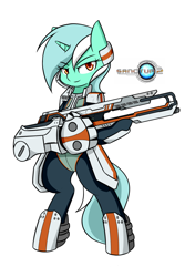 Size: 1000x1500 | Tagged: safe, artist:rice, imported from derpibooru, lyra heartstrings, pony, armor, bipedal, female, gun, sanctum 2, solo, syke autumn, video game, weapon