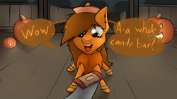 Size: 3000x1687 | Tagged: safe, artist:marsminer, imported from derpibooru, oc, oc only, oc:venus spring, candy, cute, dialogue, female, filly, food, halloween, smiling, venus spring actually having a pretty good time