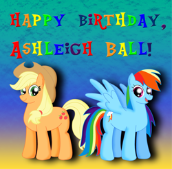 Size: 900x884 | Tagged: safe, artist:cyber-murph, imported from derpibooru, applejack, rainbow dash, ashleigh ball, happy birthday, tribute