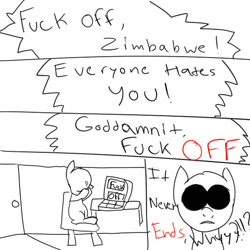 Size: 512x512 | Tagged: safe, artist:shit-tier, imported from derpibooru, oc, oc only, oc:zimbabwe, /mlp/, baww, comic, drawthread, monochrome, verbal abuse, vulgar