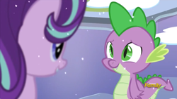 Size: 1776x1002 | Tagged: safe, imported from derpibooru, screencap, spike, starlight glimmer, the crystalling, discovery family logo, friendship, smiling, snow, snowfall