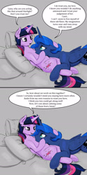 Size: 1250x2504 | Tagged: safe, artist:silfoe, imported from derpibooru, princess luna, twilight sparkle, alicorn, pony, royal sketchbook, cuddling, cute, eye contact, female, floppy ears, fluffy, frown, lesbian, lidded eyes, lunabetes, mare, missing accessory, open mouth, prone, shipping, smiling, snuggling, twiabetes, twilight sparkle (alicorn), twiluna, underhoof