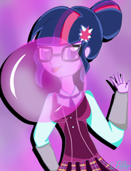 Size: 920x1200 | Tagged: safe, artist:twibubblegum, imported from derpibooru, sci-twi, twilight sparkle, equestria girls, bubblegum, female, food, glasses, solo