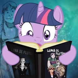 Size: 720x720 | Tagged: safe, imported from derpibooru, twilight sparkle, dross, dross rotzank, luna de plutón, reading, spanish