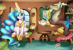 Size: 3581x2462 | Tagged: safe, artist:pridark, imported from derpibooru, discord, princess celestia, alicorn, draconequus, pony, cup, duo, ethereal mane, female, fluttershy's cottage, food, magic, male, mare, sitting, tea, teacup, teapot, telekinesis