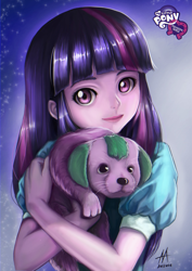 Size: 724x1024 | Tagged: safe, artist:amihamka, artist:mentalmongloid, edit, imported from derpibooru, spike, twilight sparkle, dog, equestria girls, cute, looking at you, spike the dog