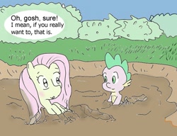 Size: 689x530 | Tagged: safe, artist:php162, imported from derpibooru, fluttershy, spike, duo, mud, speech bubble