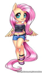 Size: 500x859 | Tagged: safe, artist:racoonsan, imported from derpibooru, fluttershy, anthro, unguligrade anthro, belly button, breasts, busty fluttershy, chibi, clothes, female, midriff, patreon, shoes, short shirt, shorts, simple background, solo, white background