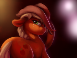 Size: 2000x1500 | Tagged: safe, artist:verulence, imported from derpibooru, applejack, earth pony, pony, cowboy hat, female, frown, hat, hat tip, lidded eyes, looking at you, looking back, moody, sad, solo, stetson