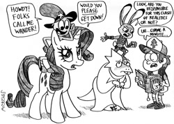 Size: 1280x909 | Tagged: safe, artist:kturtle, imported from derpibooru, rarity, alphys, crossover, dipper pines, gravity falls, judy hopps, mass crossover, monochrome, undertale, wander (wander over yonder), wander over yonder, zootopia