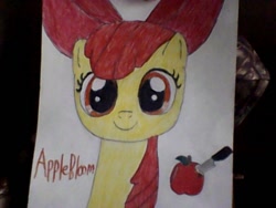 Size: 640x480 | Tagged: safe, artist:lubbydraw1234, imported from derpibooru, apple bloom, apple, female, food, knife, solo, traditional art