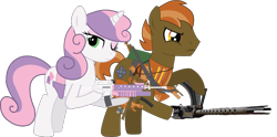 Size: 1440x714 | Tagged: safe, artist:stu-artmcmoy17, imported from derpibooru, button mash, sweetie belle, alternate cutie mark, assault rifle, cutie mark, grenade launcher, gun, m16, machine gun, older, rifle, simple background, transparent background, weapon