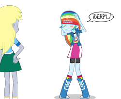 Size: 898x740 | Tagged: safe, artist:toonalexsora007, imported from derpibooru, derpy hooves, rainbow dash, human, equestria girls, abuse, angry face, atomic wedgie, backwards hand, blushing, boots, clothes, dashabuse, dialogue, embarrassed, female, frilly underwear, humiliation, jacket, marker, panties, rainbow underwear, reference, revenge, shadow, shirt, shorts, simple background, skirt, socks, striped underwear, the simpsons, transparent background, underwear, wedgie